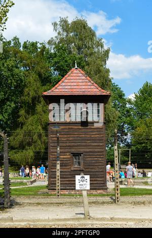 Barbed wire, watchtower, camp building, Stammlager I, concentration camp, Auschwitz-Birkenau, Auschwitz, Poland Stock Photo