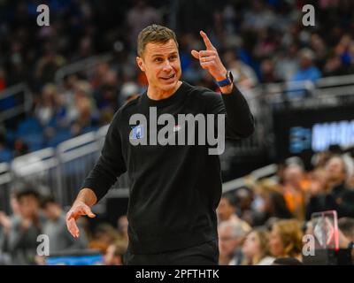 Orlando, FL, USA. 18th Mar, 2023. Duke head coach Jon Scheyer reacts to a play during the 1st half of a second-round college basketball game in the men's NCAA Tournament between Duke Blue Devils and Tennessee Volunteers at Amway Center in Orlando, FL. Romeo T Guzman/CSM/Alamy Live News Stock Photo