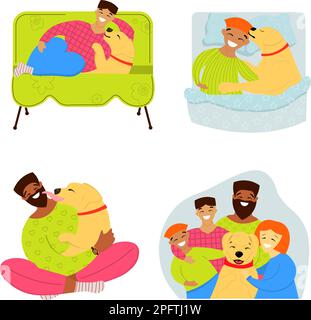 A set of stickers with a dog Family favorite Mixed family with a dog A man cuddles with a labrado Stock Vector