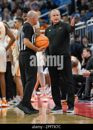 March 18, 2023: Tennessee head coach Rick Barnes question a call during the 2nd half of a second-round college basketball game in the men's NCAA Tournament between Duke Blue Devils and Tennessee Volunteers. Tennessee defeated Duke 65-52 at Amway Center in Orlando, FL. Romeo T Guzman/CSM. Stock Photo