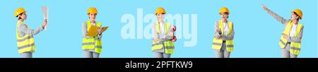 Collage of female engineer in safety vest on blue background Stock Photo