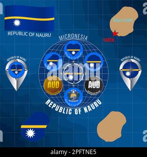 Set of illustrations of flag, outline map, icons of REPUBLIC OF NAURU. Travel concept. Stock Photo