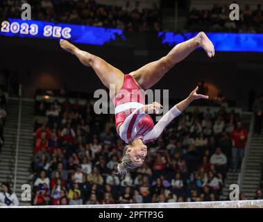 Arkansas gymnast Cally Swaney on the balance beam during an NCAA ...