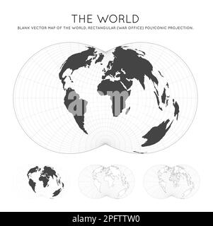 Map of The World. Rectangular (War Office) polyconic projection. Globe with latitude and longitude lines. World map on meridians and parallels backgro Stock Vector