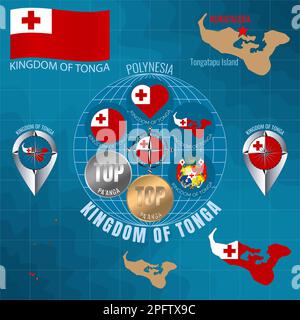 Set of illustrations of flag, outline map, icons of KINGDOM OF TONGA. Travel concept. Stock Photo