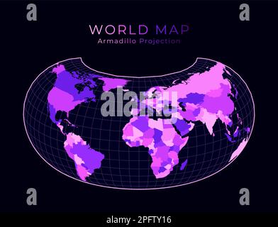 World Map. Armadillo projection. Digital world illustration. Bright pink neon colors on dark background. Astonishing vector illustration. Stock Vector