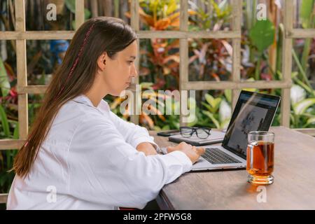 Freelancer woman using laptop computer sit in office typing on laptop. Stock Photo