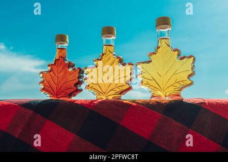Maple syrup bottles in leaf shape outside. Selection of different grades of quality, golden, amber, dark for tasting gift from Quebec, Canada. Stock Photo