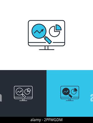 Data analysis chart and magnifying glass symbol on computer screen. Market research and data analysis concept. Vector icons on 3 different backgrounds Stock Vector