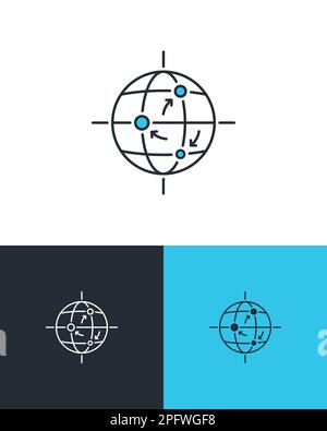 Wireframe globe with placement points and arrows. Worldwide transportation, distribution network, tourism concept. Vector icons on 3 different backgro Stock Vector