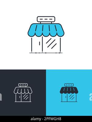 Retail store with signboard. Shop front view. Vector icons on 3 different backgrounds. Stock Vector