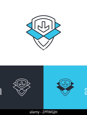Safe parcel delivery symbol with box and shield. Package and shipping insurance concept. Secure product delivery service vector icons on 3 different b Stock Vector