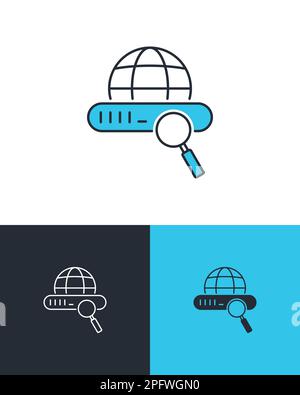 Magnifying glass symbol with globe and search engine. Worldwide research and analyzing concept. Marketing vector icons on 3 different backgrounds. Stock Vector