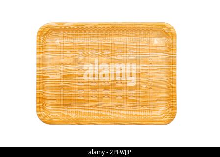 Isolated high-quality plastic tray with wood texture on white background, tray for food and fresh food, top view image, blank space for food product. Stock Photo