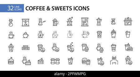 32 coffee, sweets and coffee shop equipment icons. Pixel perfect, editable stroke Stock Vector