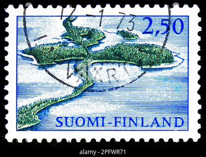MOSCOW, RUSSIA - FEBRUARY 17, 2023: Postage stamp printed in Finland shows Aerial View of Punkaharju Nature Reserve, circa 1967 Stock Photo