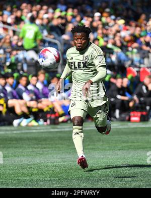 March 18, 2023: Los Angeles FC forward Kwadwo Opoku (22) chases the ball down during the MLS soccer match between Los Angeles FC and Seattle Sounders FC at Lumen Field in Seattle, WA. The teams fought to a nil-nil draw. Steve Faber/CSM Stock Photo