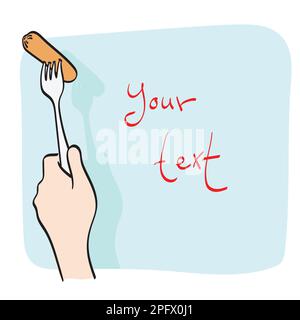 closeup hand holding fork with sausage  illustration vector hand drawn isolated on white background line art. Stock Vector