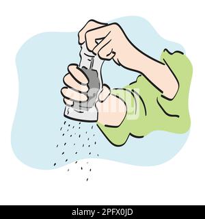 closeup hand using peper grinder illustration vector hand drawn isolated on white background line art. Stock Vector