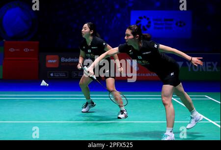 Birmingham, UK. 18th Mar, 2023. South Korea's Kim So-yeong (R) and Kong Hee-yong compete during the women's doubles semifinal against China's Zhang Shuxian and Zheng Yu at All England Open Badminton Championships 2023 in Birmingham, UK, March 18, 2023. Credit: Li Ying/Xinhua/Alamy Live News Stock Photo