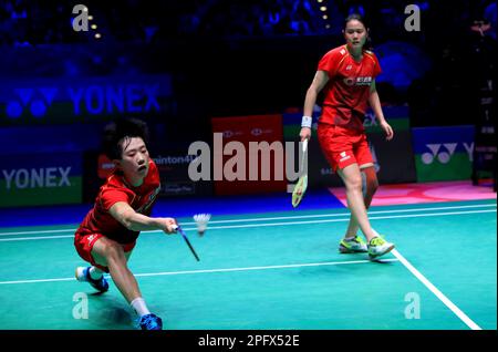 Birmingham, UK. 18th Mar, 2023. China's Zhang Shuxian (L) and Zheng Yu compete during the women's doubles semifinal against South Korea's Kim So-yeong and Kong Hee-yong at All England Open Badminton Championships 2023 in Birmingham, UK, March 18, 2023. Credit: Li Ying/Xinhua/Alamy Live News Stock Photo