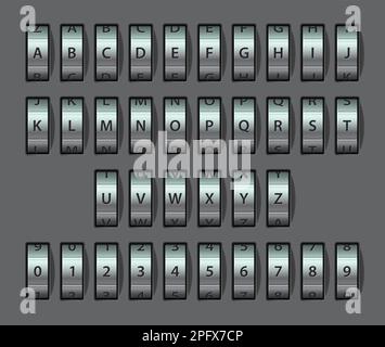 Combination lock font. Realistic metal mechanical code Stock Vector