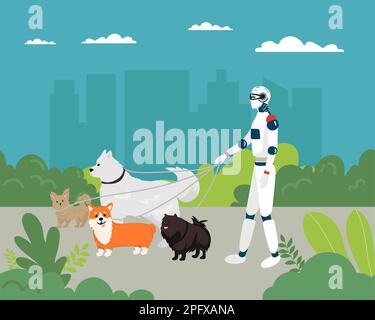 Alien robots, future technology cartoon characters. Robotic life forms, futuristic machines or cyborgs Walking the dogs vector Stock Vector