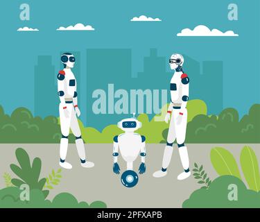 Alien robots, future technology cartoon characters. Robotic life forms, futuristic machines or cyborgs workers with artificial intelligence, claws on Stock Vector