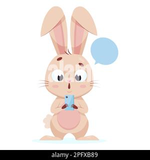 Excited bunny looking at phone screen Stock Vector