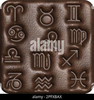 Three-dimensional square tiles with zodiac signs. Three-dimensional impressions of symbols on brown skin. Isolate. 3D render. Stock Photo