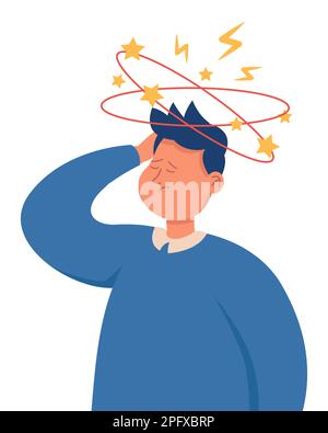 Sad man having dizzy symptoms flat vector illustration Stock Vector