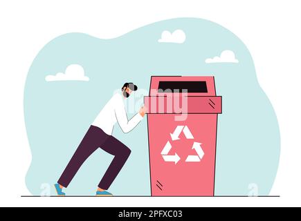 Man pushing recycle bin container with recycling sign Stock Vector