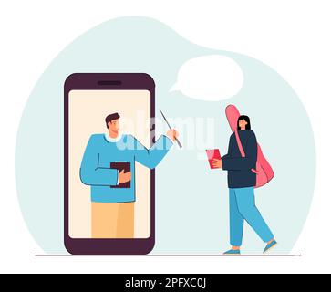 Teacher on screen of mobile phone teaching tiny girl online Stock Vector
