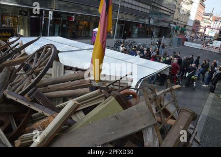 Berlin, Germany - March 18, 2023 - Open-air exhibition of revolution in March 1848 - A barricade at the corner of Friedrichstrasse and Jägerstrasse in Mitte. (Photo by Markku Rainer Peltonen) Stock Photo