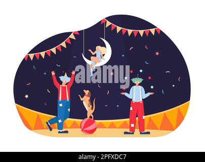 Poster of show with clowns and dog in circus arena Stock Vector