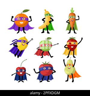 Cute superhero fruits characters cartoon illustration set Stock Vector