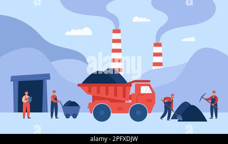 Team of miners working and haul truck in quarry Stock Vector