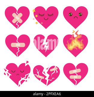 Cute heart cartoon character flat vector illustrations set Stock Vector