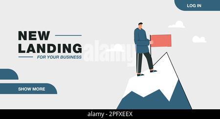 Man reaching top pf mountain and planting flag Stock Vector