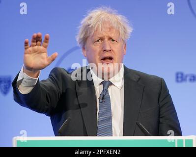 File photo dated 02/03/23 of former prime minister Boris Johnson speaking during the Global Soft Power Summit, at the Queen Elizabeth II Conference Centre, London. Mr Johnson will give a 'robust defence' of his actions but ultimately his fate will be in the hands of MPs, a Cabinet minister has said. Mr Johnson will submit a written dossier of evidence to MPs ahead of a public hearing on Wednesday as he attempts to clear his name over allegations he misled Parliament about the partygate scandal. Issue date: Sunday March 19, 2023. Stock Photo