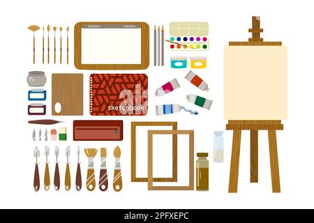 Painting tools for painter or craftsman cartoon illustration set Stock Vector