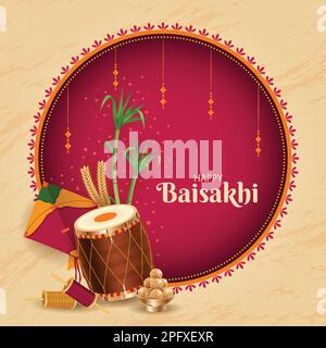 Traditional Happy Baisakhi Square background. Dhol, Bamboo, harvest, kite and ladoo. Realistic digital graphic. Punjabi festival vector illustration. Stock Vector