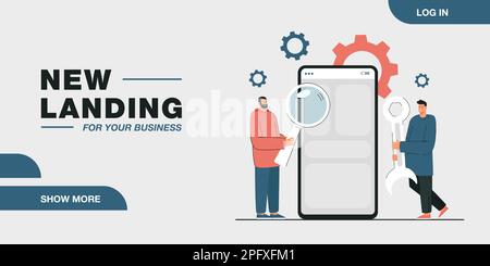 Tiny men doing maintenance on giant smartphone Stock Vector