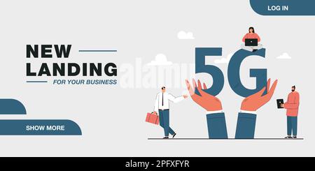 People using gadgets and huge hands holding 5G Stock Vector