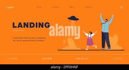 Girl and man rejoicing while seeing flying saucer Stock Vector