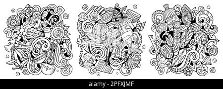 Africa cartoon vector doodle designs set. Line art detailed compositions with lot of african objects and symbols Stock Vector
