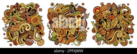 Africa cartoon vector doodle designs set. Colorful detailed compositions with lot of african objects and symbols. Isolated on white illustrations Stock Vector