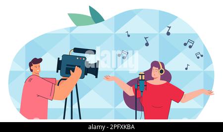 Video operator filming girl singing at microphone Stock Vector