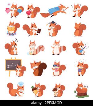 Cute little squirrel in different poses cartoon illustration set Stock Vector