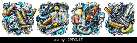 Water sport cartoon vector doodle designs set. Stock Vector